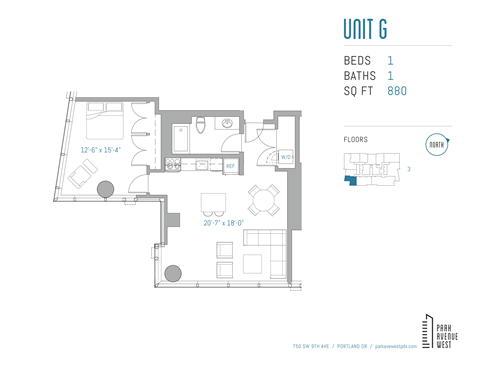 Floor plan for 1 bed, 1 bath, 880 sqft